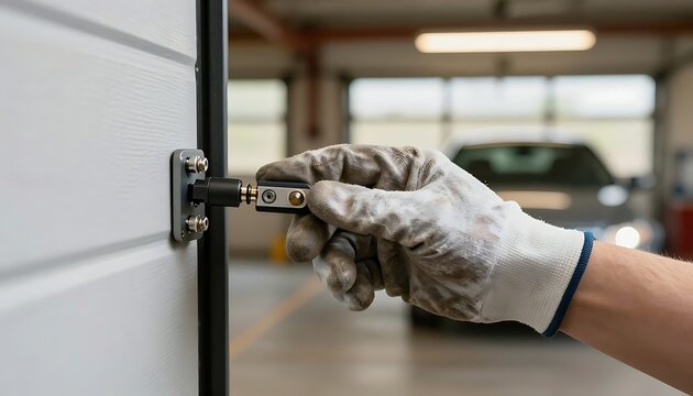 Gloved hand adjusting industrial mechanical sensor mounted on garage door surface for precise calibration with protective glove adjusting wearing soiled protective
