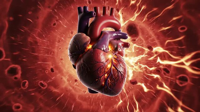 Human heart anatomy 3D illustration with blood cells. 4K Video