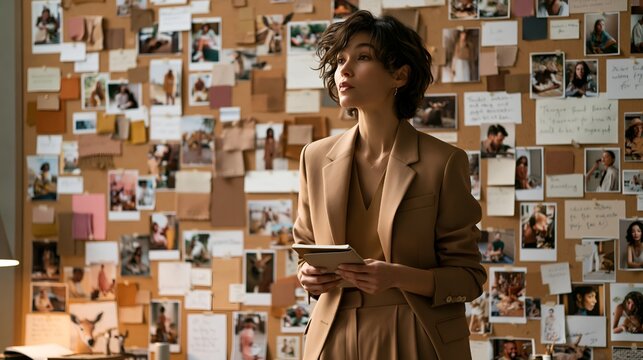 Female business consultant analyzing consumer behavior mood board in agency office