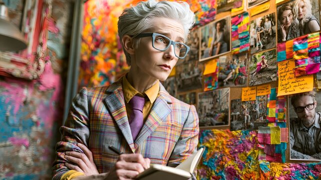Female business consultant analyzing consumer behavior mood board in agency office