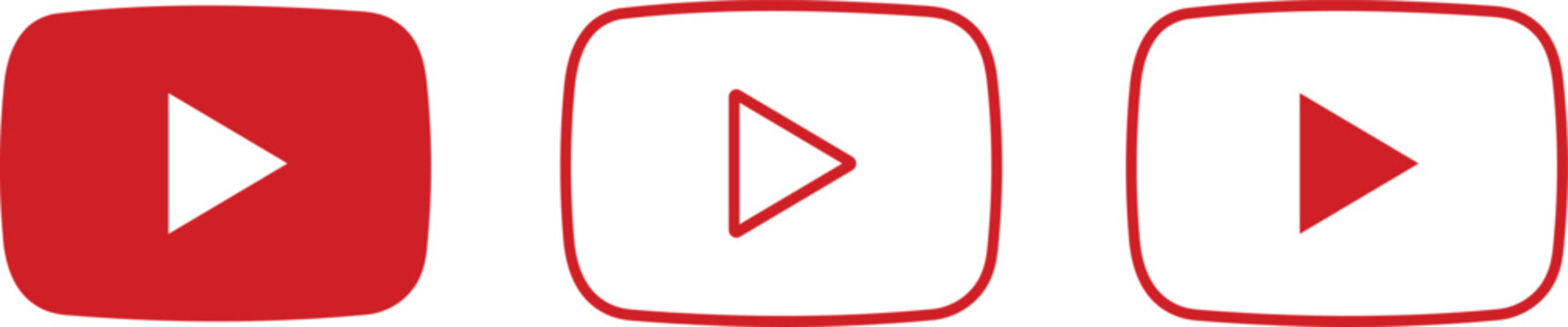 Set of three red play button icons for video streaming and social media interface design isolated on white background