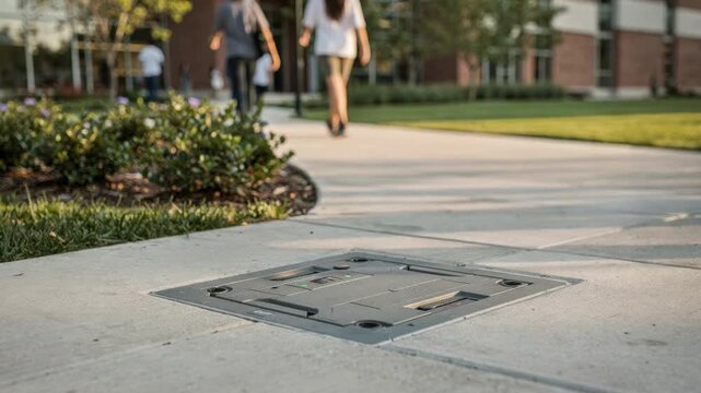Campus walkway featuring a medium shot of a smart handhole cover with temperature sensors active surrounded by blurred foot traffic and green landscaping.