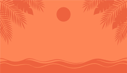 Minimal orange summer background with sun, ocean waves, and palm leaf silhouettes, perfect for travel and beach themed designs. © Ona