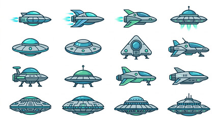 Collection of cartoon flying saucers and spaceships. © zada