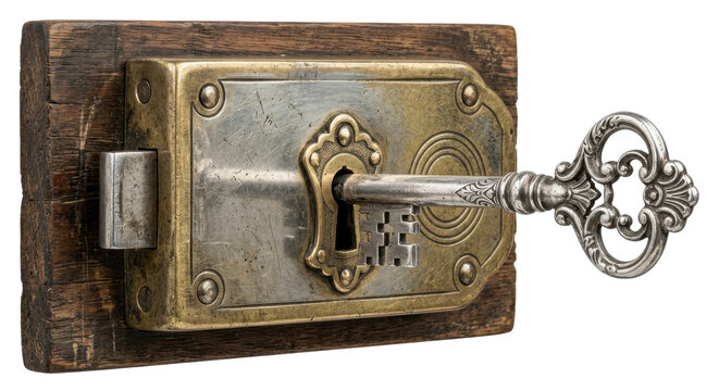 An ornate vintage metal key inserted into a rustic brass door lock against a white background, captured in a sharp studio macro shot.