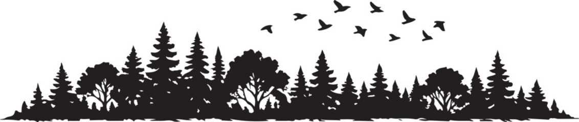  Forest tree line silhouettes with pine and deciduous trees including flying birds for nature landscape design vector. © Abdul