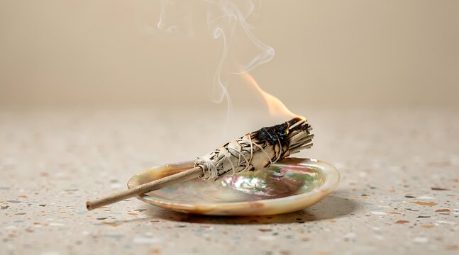 Burning sage smudge stick in an abalone shell with smoke rising, symbolizing purification and cleansing rituals.