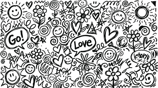 Black and white doodle art with positive words and whimsical illustrations
