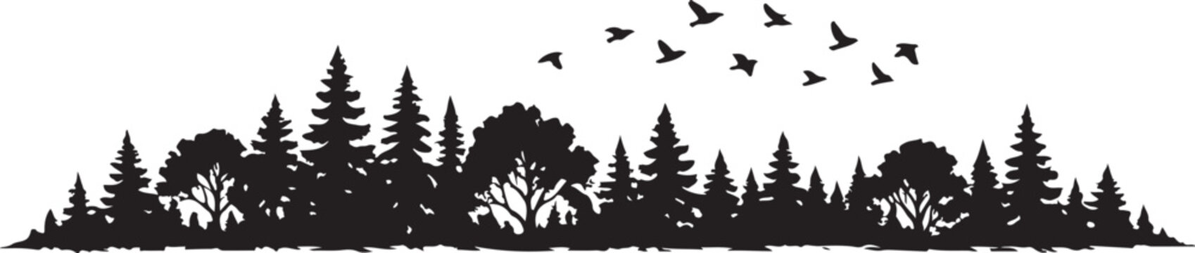  Forest tree line silhouettes with pine and deciduous trees including flying birds for nature landscape design vector.