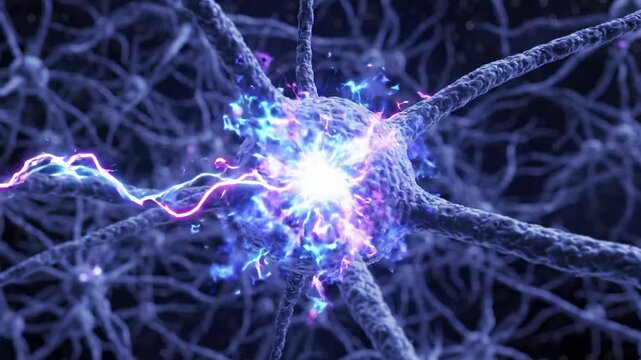 3D animation of neurons and synapses firing in the brain, neuroscience concept