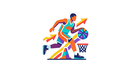 Basketball player dribbling ball with upward arrows and hoop illustration. © zada