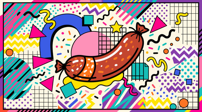 Retro Memphis style pop art sausage background with colorful geometric patterns and abstract 80s 90s design elements