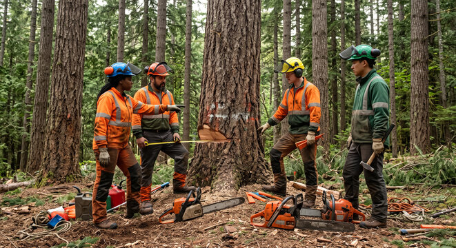 Diverse forestry workers discussing tree felling with chainsaws in forest.