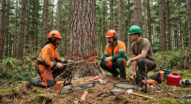 Diverse forestry workers discussing tree felling with chainsaws in forest.