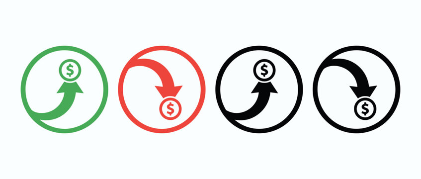 Set of refund and cashback icons with arrow and dollar sign, ideal for finance, payment, and money back designs.