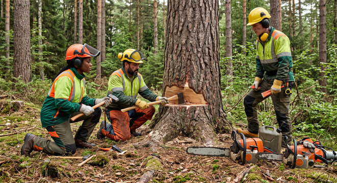 Diverse forestry workers discussing tree felling with chainsaws in forest.