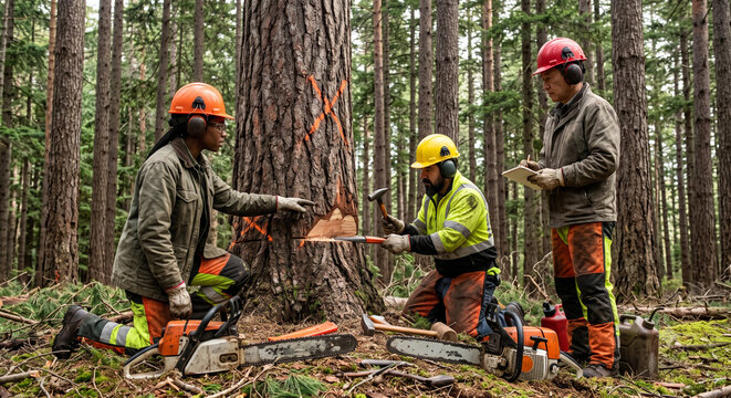 Diverse forestry workers discussing tree felling with chainsaws in forest.