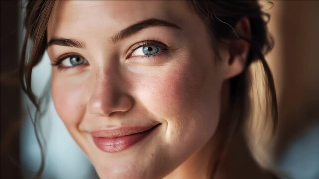 Close-up portrait of smiling young woman with blue eyes