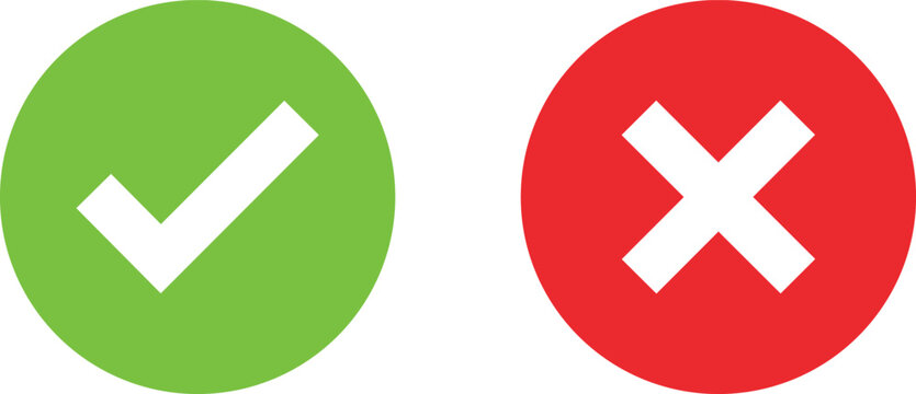 Green check mark and red cross mark icons set representing right and wrong choice signs