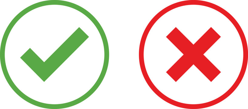 Green check mark and red cross mark symbols for right and wrong choices isolated on a white background
