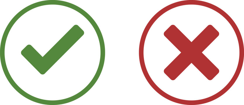 Green check mark and red cross mark symbols for yes or no choices isolated on a white background