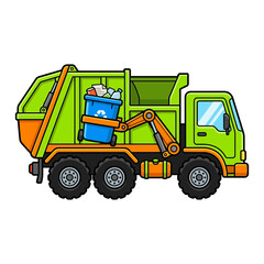 Fototapeta premium Cartoon garbage truck collecting trash bin with waste and recycling materials for municipal services