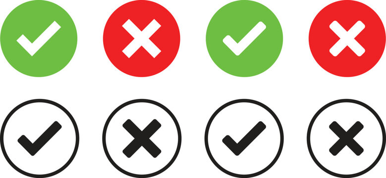 Set of check mark and cross mark icons in green red and black colors for task completion and validation symbols