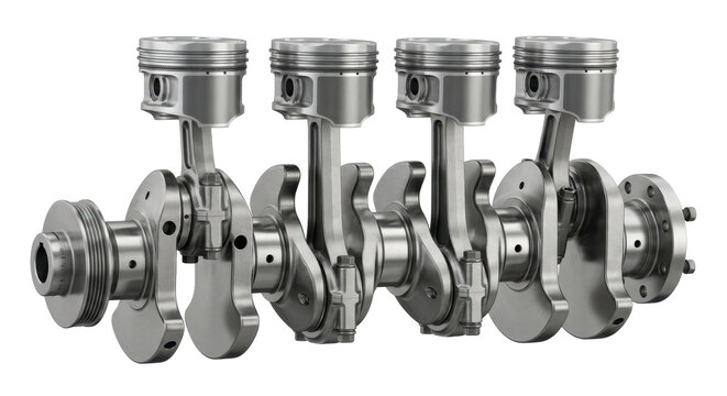 A detailed 3d render of a metallic four-cylinder engine crankshaft assembly isolated on a clean white background in a technical style.