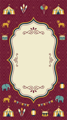 Vintage circus themed invitation card design with decorative frame and carnival icons. © Banana Milk