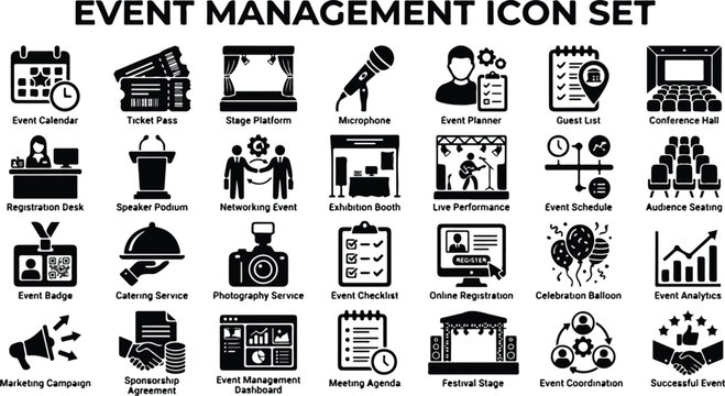 Professional event management icon set for planning and organization