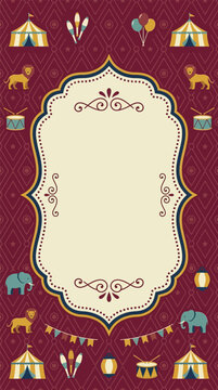 Vintage circus themed invitation card design with decorative frame and carnival icons.