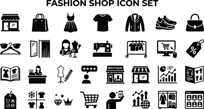 Fashion shop and clothing boutique retail icon set