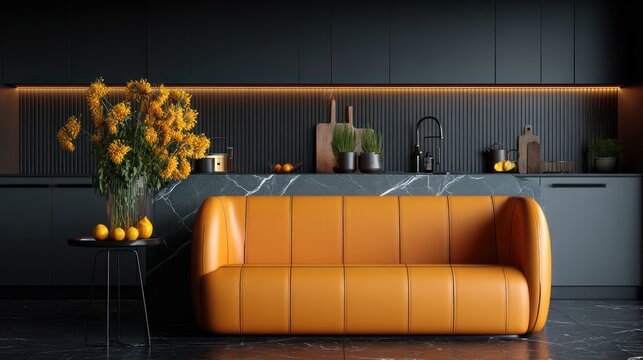 Modern interior design orange sofa and yellow flowers in a contemporary setting