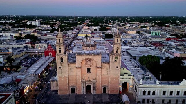 Merida Cathedral Aerial View at Sunset in Yucatan, Mexico
