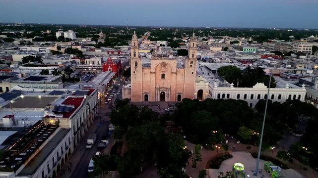 Aerial revealing shot of the Merida Cathedral in the historic center