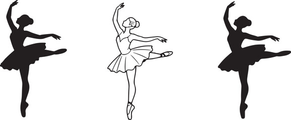 Three elegant ballerina figures displayed in a collection showing a black outline style a solid black silhouette © Abdul