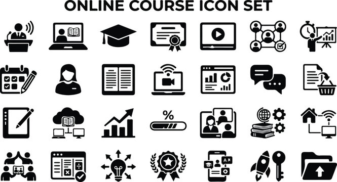 Online course and digital education flat glyph icon collection