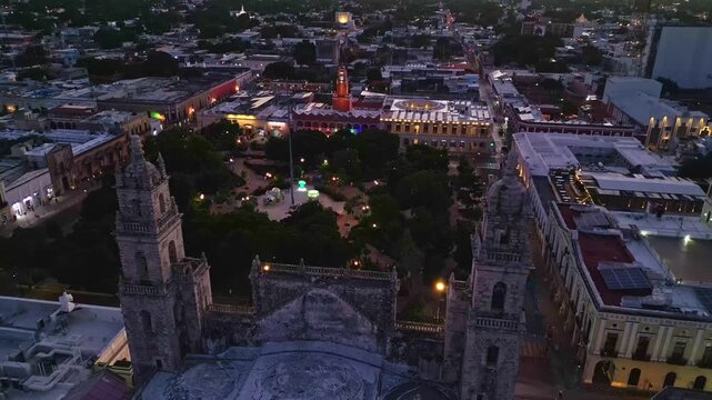 Aerial view of Merida Cathedral and historic center at dusk
