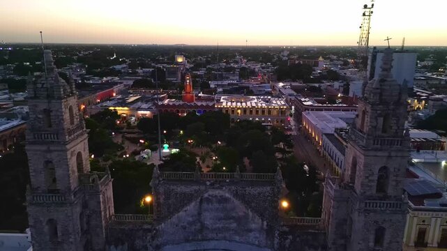 Aerial View of Merida Mexico Plaza Grande at Sunset