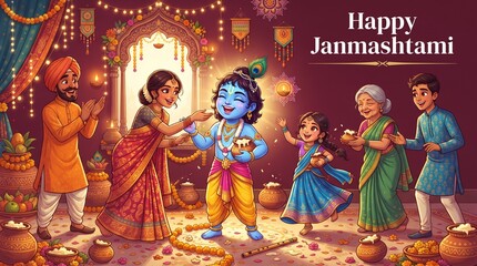 Obraz premium easy to edit vector illustration of Lord Krishna with friends eating makhan cream on Happy Janmashtami holiday Indian festival greeting background