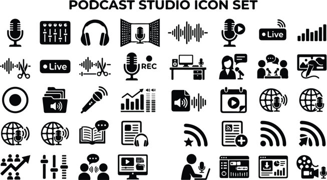 Podcast studio icon set for audio recording and live streaming