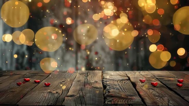 Rustic wooden table with red hearts under golden bokeh light, romantic Valentine backdrop