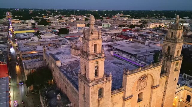 Merida Cathedral aerial view at dusk over the historic center