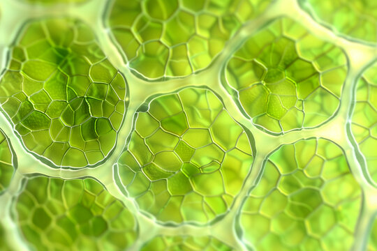 Microscopic green plant cells and chloroplasts background