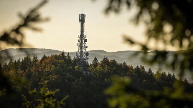 Focused medium shot of a microwave tower perched on a wooded hilltop surrounded by outoffocus dense forest and distant hills.