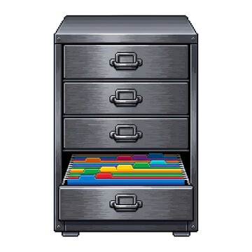Clean pixel-art office storage solution with bright file folders for efficient document management.