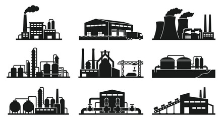 Obraz premium Industrial factory and manufacturing plant black icon collection.