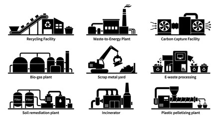 Fototapeta premium Industrial waste management and recycling facility icon set.