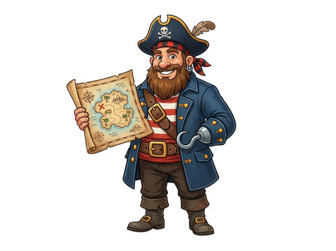 Cartoon pirate captain with a hook hand holding a treasure map white background, isolated on solid, black background for use isolated on a transparent background
