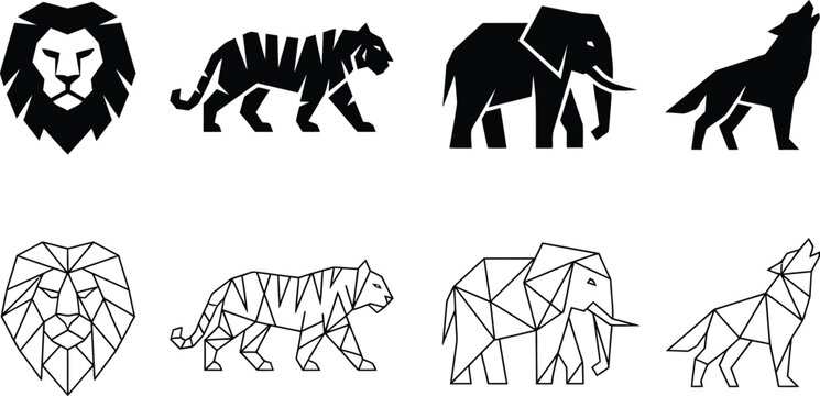 Geometric wild animals set featuring lion, tiger, elephant, and howling wolf in solid black and outline vector style